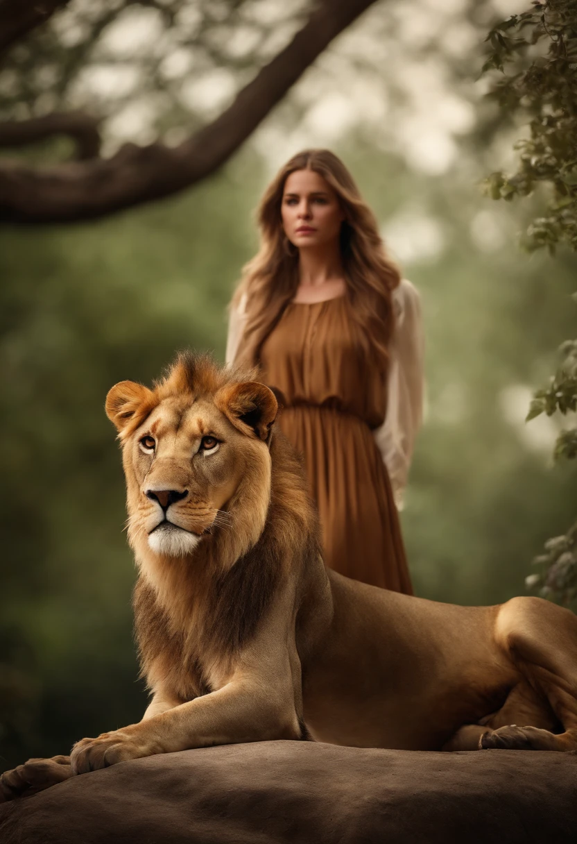A lion and a girl, Girl near the lion Cinematic and realistic image with a very detailed environment
