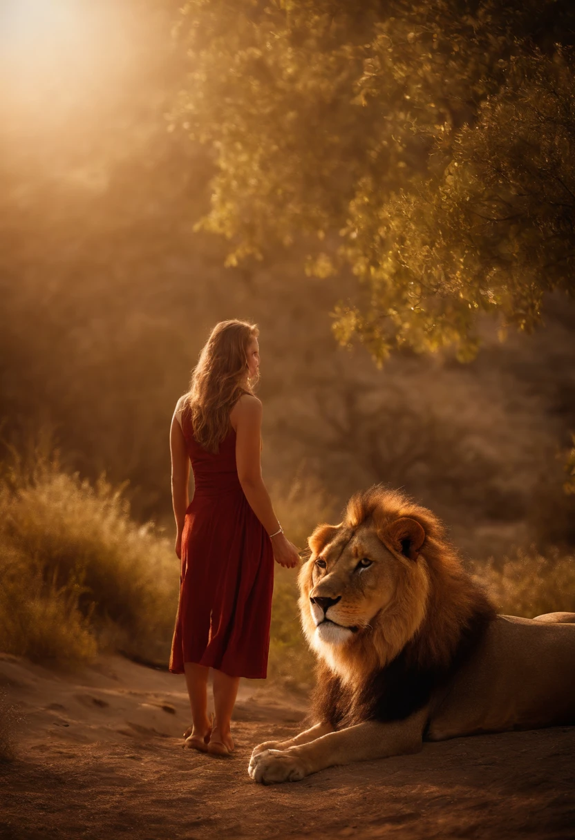 A lion and a girl, Girl near the lion Cinematic and realistic image with a very detailed environment