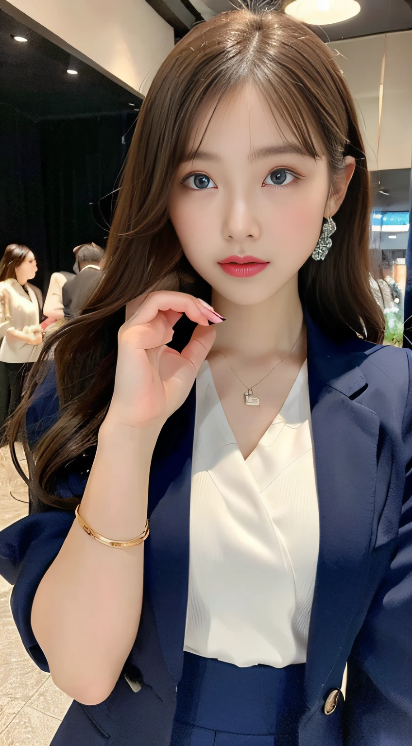 (((32K,very high res, high detailing, highly accurate,Masterpiece Girl 1))),Raw photo & realistic atmosphere,beautiful dark blue eyes,Detailed mouth,Glossy lips,Detailed eyebrows,Soft white skin that shines with every detail,,Eyes drawn in detail、Very beautiful eyes with azure eyes,Detailed lips、Very beautiful face,Very well-formed face、Lifelike face,shiny beautiful lips,Beautiful eyebrows,Infinite reality,Best design,（Insanely cute sober Japan 17-year-old high school girl,Toned body,thighs thighs thighs thighs,Slender legs,Beautifully shaped breasts,Very cute beautiful girl,Little Girl：1.5）,Best Natural Makeup,Japanese ido,Korean Idols,Young sensual idol,Moist eyes,Dark beautiful eyes,Beautiful butt,beauty legs,,camel's foot,：1.3),超A high resolution、,Natural and realistic face,Back lighting,Pure eyes are too cute,(((photorealisim,Photograph the whole body))),,Reality Live Action,（Earrings that look fashionable,,a necklace,A bracelet,gyuru,Glossy nail art,Clothes like a girl,,Girlish clothes,,Dress up elegantly and cutely,Tailored jacket,Ruffled Inner Blouse Beautiful Draped Skirt,Beautiful fashionable girl with little exposure,Light Brown Fluffy Perm Medium Hair,独奏,Lori,chew a little,full body Esbian：1.7）,Night in Shibuya（Turned：1.5）