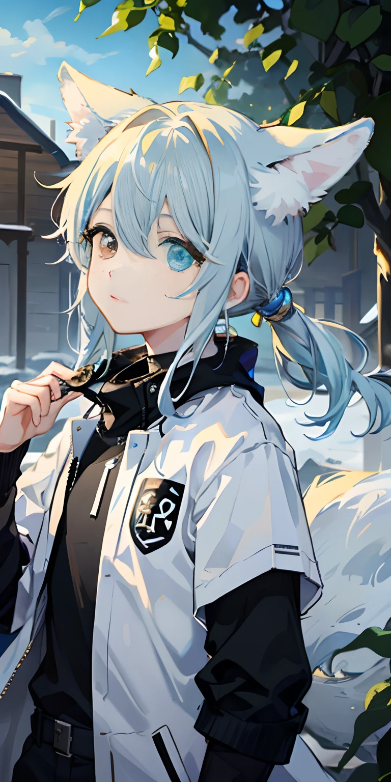 1boys，Shota，(high-definition quality，Masterpiece level)，（Heterochromatic eyes and the color of light blue hair echo each other），with clean lines，tmasterpiece, （lightblue hair）, Heterochromic eyes,(Wolf ears),(Wolf tail)，（（One tail）），（A young boy with），Lean body type，Dull hair，Brown pick dye，with fair skin，Low ponytail，sporty attire，Trench coat，short- sleeved，Short-sleeved sweatshirt，Looking at the sky，blue-sky，Don't look at the lens，Close both eyes，snowfield