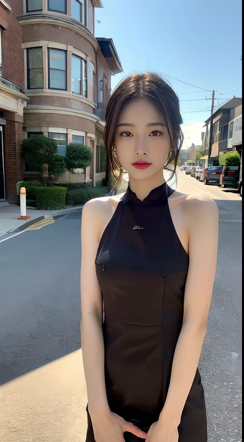 NSFW, NSFW:1.2, NSFW, (Realistic lighting、top-quality、8K、masterpiece:1.3))、focus:1.2、1girl in、Hard nudity、No clothes:1.6、Body Beauty:1.4、Slim abs:1.1、((Dark brown hair))、(aqua dress:1.4)、(outside of house、natta:1.1)、City Street、Superfine Face、Fine Eyes、二重まぶた、