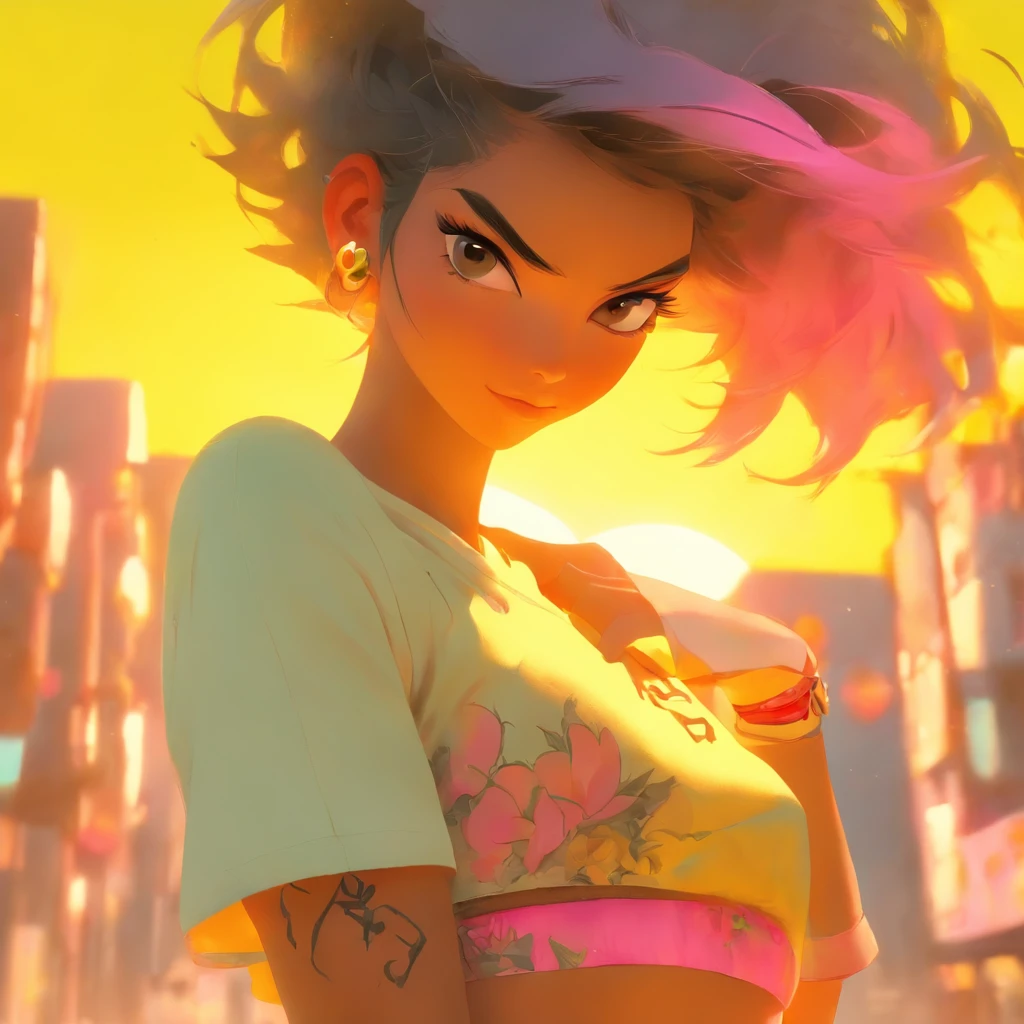 a woman stokke in a white top and pink shorts is standing next to a bike with a yellow background and, by Quentin Tarantino, 1girl, bracelet, ((raven colored hair)), jewelry, letterboxed, lips, long_hair, makeup, medium_breasts, midriff, nail_polish, navel, necklace, nose, orange_sky, pink_shorts, realistic, shorts, solo, sun, sunset, tattoo,wristband, yellow_background, yellow_sky, beautiful detailed glow, detailed, Cinematic light, intricate detail, highres, detailed facial features, high detail, sharp focus, smooth, aesthetic, extremely detailed, stamp, octane render,