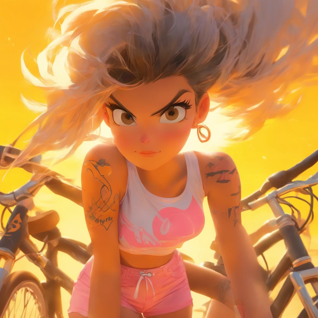 a woman stokke in a white top and pink shorts is standing next to a bike with a yellow background and, by Quentin Tarantino, 1girl, bracelet, ((raven colored hair)), jewelry, letterboxed, lips, long_hair, makeup, medium_breasts, midriff, nail_polish, navel, necklace, nose, orange_sky, pink_shorts, realistic, shorts, solo, sun, sunset, tattoo,wristband, yellow_background, yellow_sky, beautiful detailed glow, detailed, Cinematic light, intricate detail, highres, detailed facial features, high detail, sharp focus, smooth, aesthetic, extremely detailed, stamp, octane render,