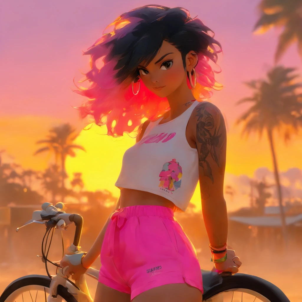 a woman stokke in a white top and pink shorts is standing next to a bike with a yellow background and, by Quentin Tarantino, 1girl, bracelet, ((raven colored hair)), jewelry, letterboxed, lips, long_hair, makeup, medium_breasts, midriff, nail_polish, navel, necklace, nose, orange_sky, pink_shorts, realistic, shorts, solo, sun, sunset, tattoo,wristband, yellow_background, yellow_sky, beautiful detailed glow, detailed, Cinematic light, intricate detail, highres, detailed facial features, high detail, sharp focus, smooth, aesthetic, extremely detailed, stamp, octane render,