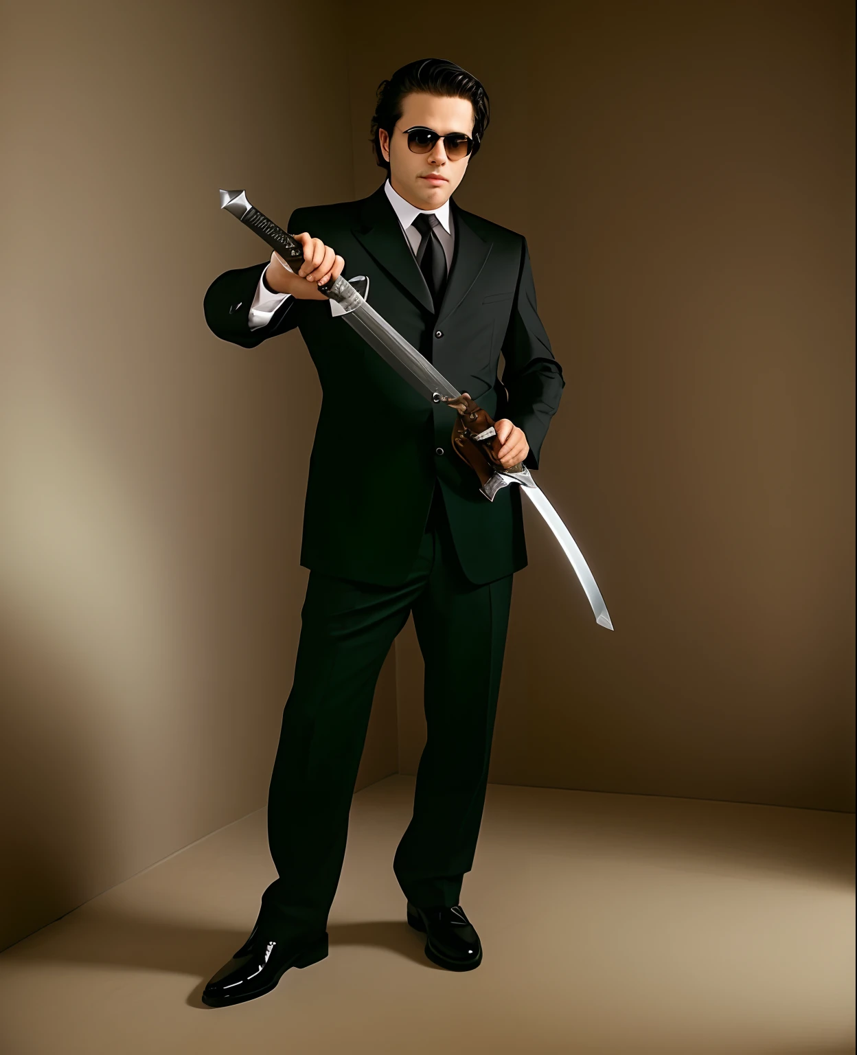 crafted man in a suit holding a sword and a sword, posing with a sword, with a large sword, holding a katana, holding a saber, holding a black katana, professional portrait photo, holding a spectacular broadsword, holds a black sword, full body portrait shot, holding a sword, holding a two-handed sword, holding a sword, holding two swords, clean shaven, sunglasses, mansion room backdrop