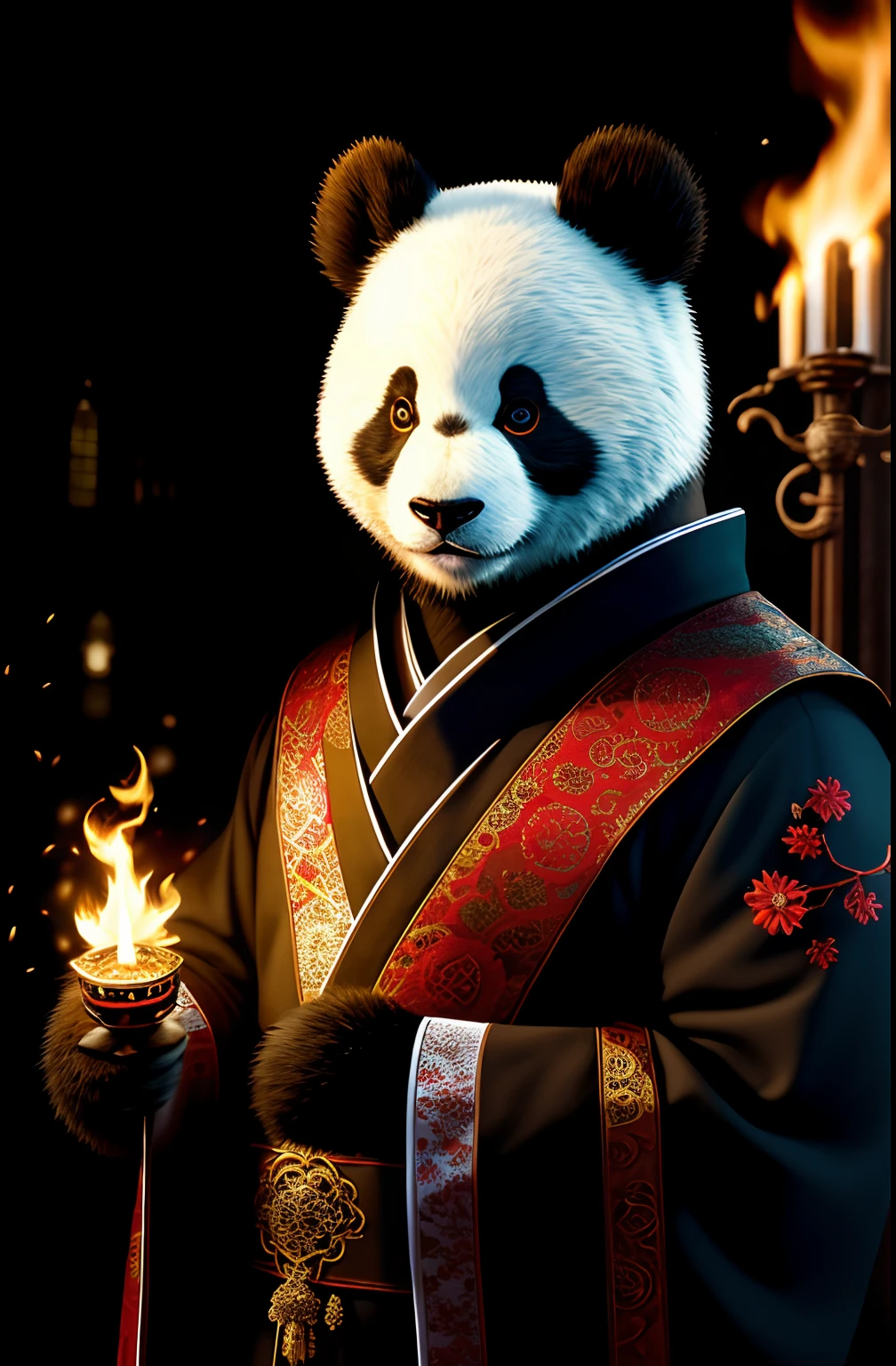 extremely detailed 8k wallpaper), intricate, richly detailed, dramatic, Panda bear with white kimono, ready for combat, Sinister face is drawn with only a pair of red eyes peeking underneath, graphics insanely, light is reflected in the ornaments, bright ashes ooze from the torches in the vaulted passage during the leisurely walk through the gloomy cathedral, Show the whole person with some distance from the surroundings to get your own license.