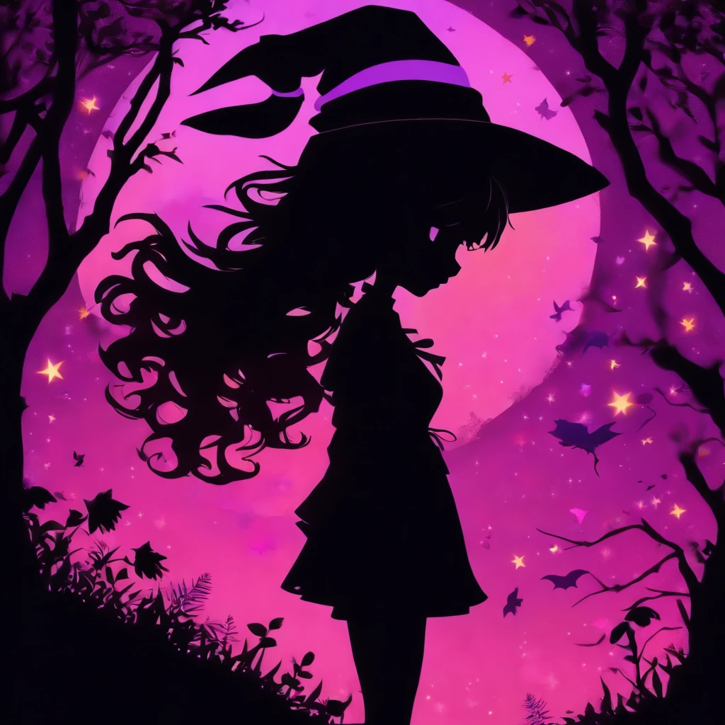 (Silhouette Art,cutouts:1.6)
(((Paper cutting art,A world where only black exists:1.3)
(Cowboy Shot),1 girl,Solo,
(Girl in a witch's hat,profile:1.2),white, Clear and beautiful face,The Moon Behind
break
(Purple Moon、Yellow Jack O' Lantern)
Textured glass background,Arcana World