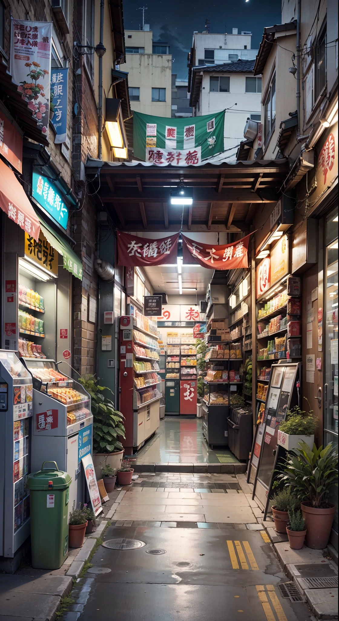 Anime background, empty, modern compact Japanese downtown street. anime, anime style. vending machines, trash cans, plant pots, drains, air vents, gutters, pipes, wires, big Japanese shop signs, retro Japanese shop banners. (no one :1), no one in sight. night time. best quality.
