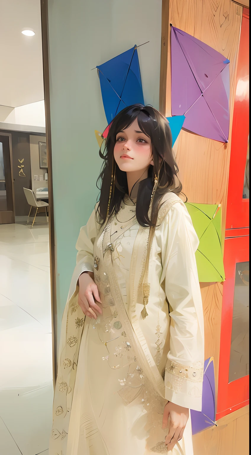 there is a woman standing in a room with kites on the wall, wearing a silk kurta, with lovely look, wearing a kurta, dressed with long fluent clothes, by Riza Abbasi, traditional beauty, candid picture