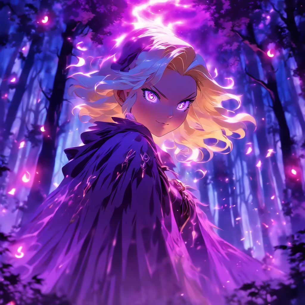 female with glowing purple eyes, blonde hair, witch, goddess, casting glowing spells, in mystical fantasy woods