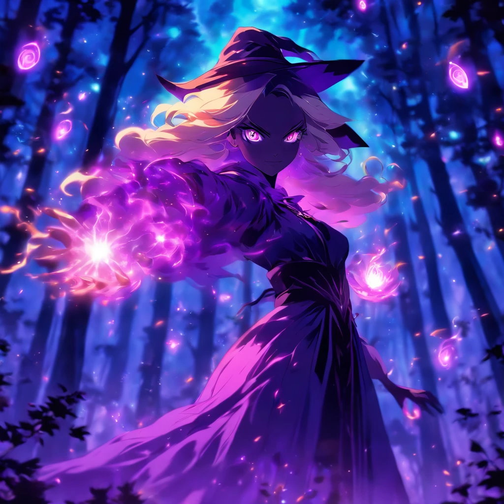 female with glowing purple eyes, blonde hair, witch, goddess, casting glowing spells, in mystical fantasy woods