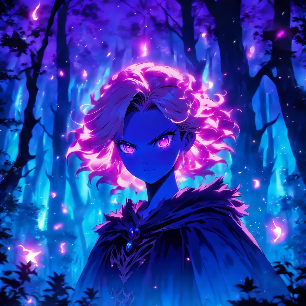 female with glowing purple eyes, blonde hair, witch, goddess, casting glowing spells, in mystical fantasy woods
