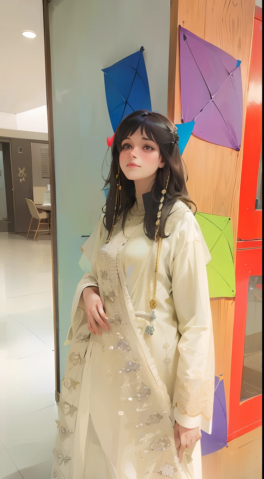 there is a woman standing in a room with kites on the wall, wearing a silk kurta, with lovely look, wearing a kurta, dressed with long fluent clothes, by Riza Abbasi, traditional beauty, candid picture