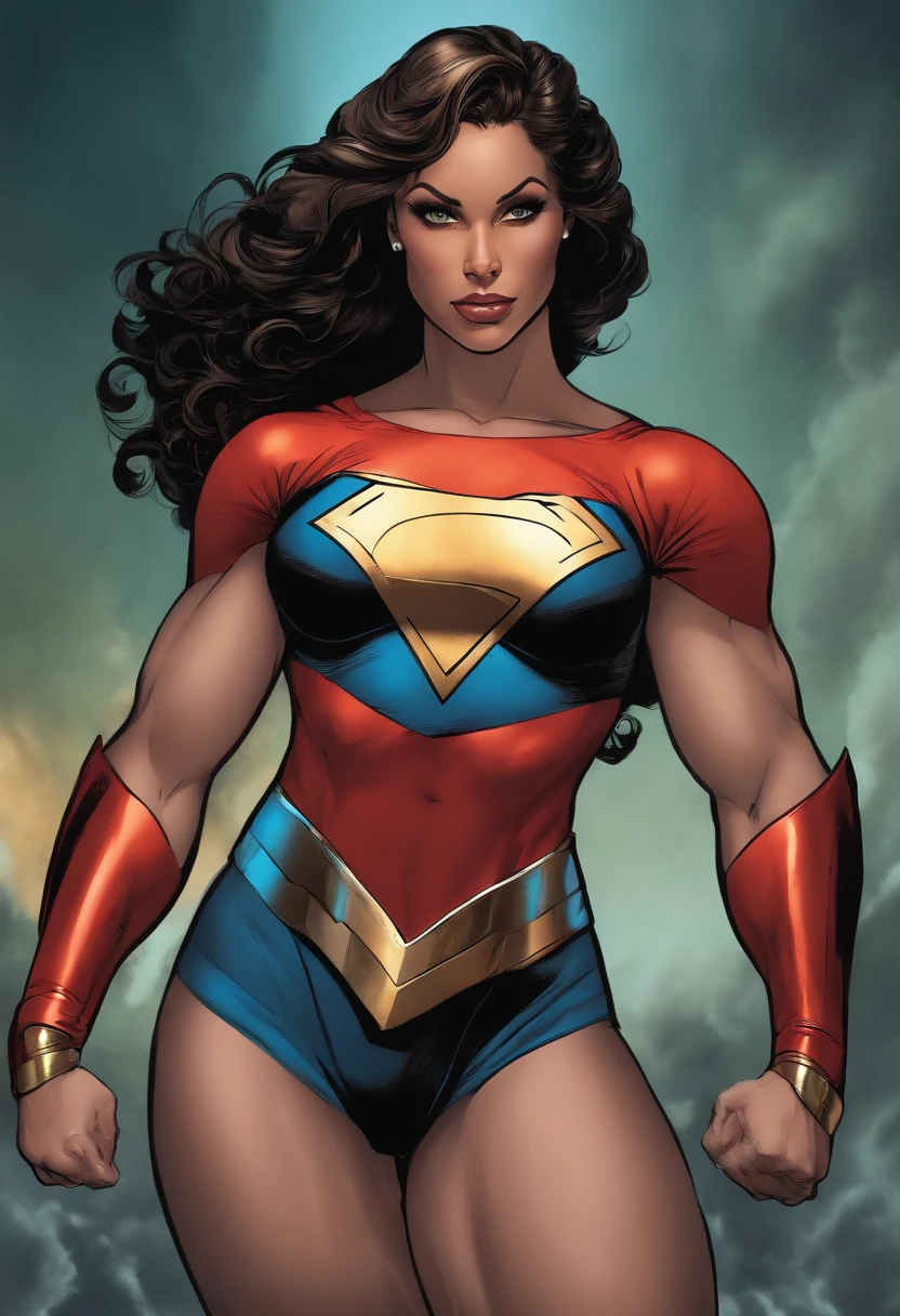 Superwoman, strong abs and biceps, huge breasts, hyper muscular strong