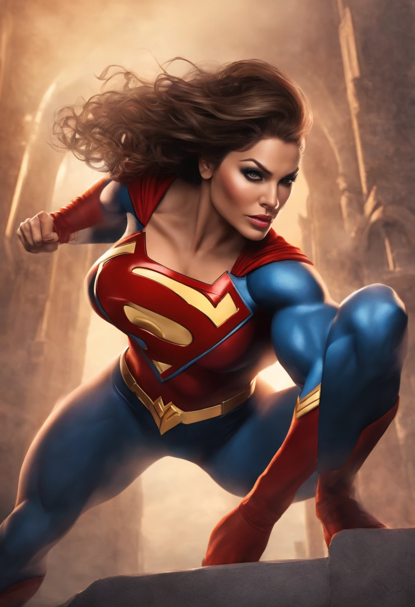 Superwoman, strong abs and biceps, huge breasts, hyper muscular strong