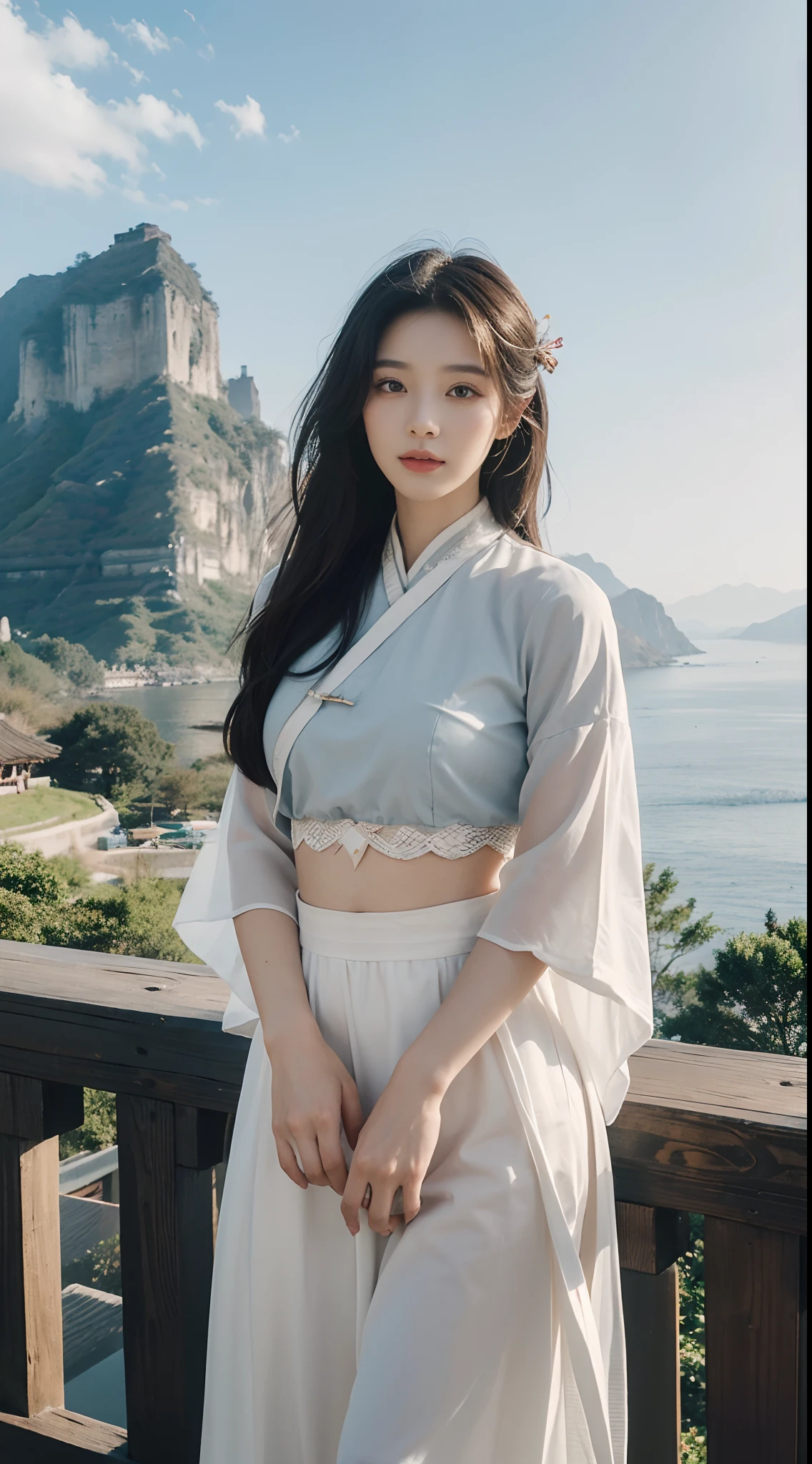 (best quality,4k,8k,highres,masterpiece:1.2),ultra-detailed,(realistic,photorealistic,photo-realistic:1.37),detailed eyes and face,long eyelashes,beautiful detailed eyes,beautiful detailed lips,black long hair,gorgeous girl,traditional Chinese costume,dawn,Chinese makeup,standing on the top of a mountain,overlooking the sea of clouds,mesmerizing sunrise,serene atmosphere,scenic beauty,impressive landscape,tranquil setting,Tang Dynasty-style top,Tang Dynasty-style chest wrap,Tang Dynasty costume,traditional Hanfu,graceful posture,attractive appearance,serene expression,forehead painted with plum blossom pattern,awe-inspiring view+,peaceful atmosphere,lush greenery,ethereal light,soft morning glow,hair flowing in the wind,exquisite details,ethereal beauty,harmonious colors,gentle elegance,Tang Dynasty aesthetic,historical charm,purity,serenity,traditional Chinese painting-like scene,cliff,panoramic view,distant mountains,gentle breeze,hazy mist,majestic mountains,morning tranquility,fresh air,refreshing feeling,calmness.