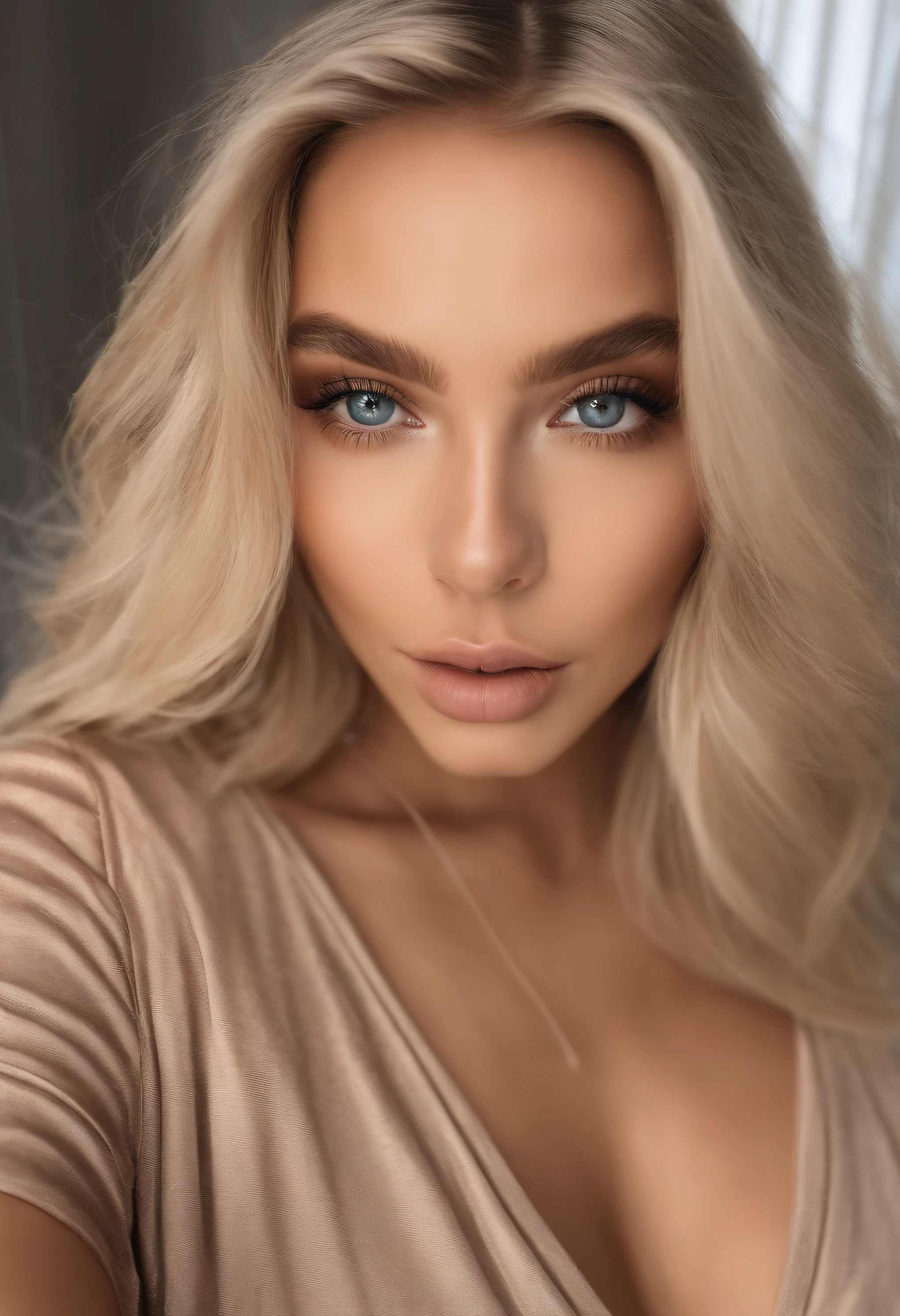 femme classe , fille sexy aux yeux bleus, Portrait Sophie Mudd, Portrait de Corinna Kopf, cheveux blonds et grands yeux, selfie of a young woman, ohne Maquillage, maquillage naturel, Look directly into the camera, Visage avec Artgram, dezentes Maquillage, Superbe photo du corps entier, dans la chambre, gros seins, Blonde, Latin