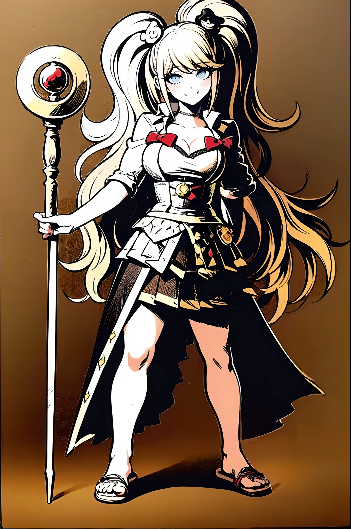 SeaArt Bot Upscaling Default 17:18:54 junko enoshima, european medieval cloths, crazy smile, big breast, large skirt, long skirt, flipflops, full body, standing, medieval clothing,vintageillustration, staff holding holy sun staff, long skirt