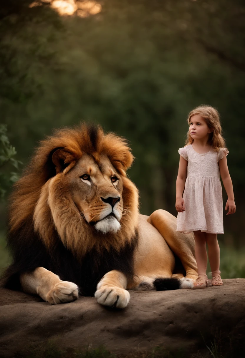 a lion and a 6--old l, 6-year-olrl nethe lion Cinematic and realistic image with a very detailed environment