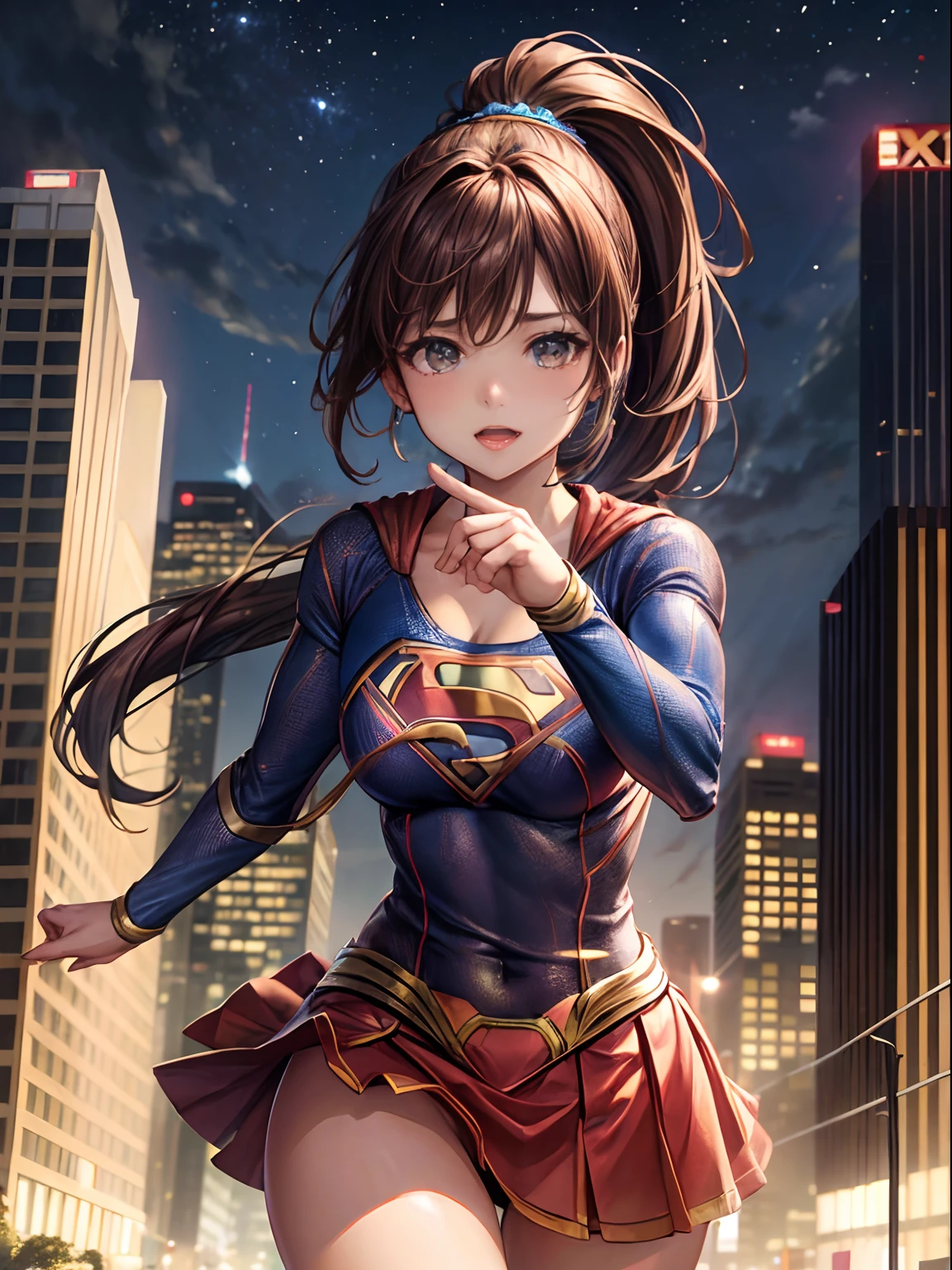 Genuine, Atmospheric scenery, masterpiece, Highest quality, (Detailed face, Skin texture details, Super-detailed body),(Cinematic Light),
One person, s0p3r6m3l1s4-smf, Superhero, alone, Brown Hair, Genuineistic, Bodysuits, Animating, skirt, Blonde, building, null, cloud, Light of the sun, Turning away from the camera, Show your ass, Grab your own ass