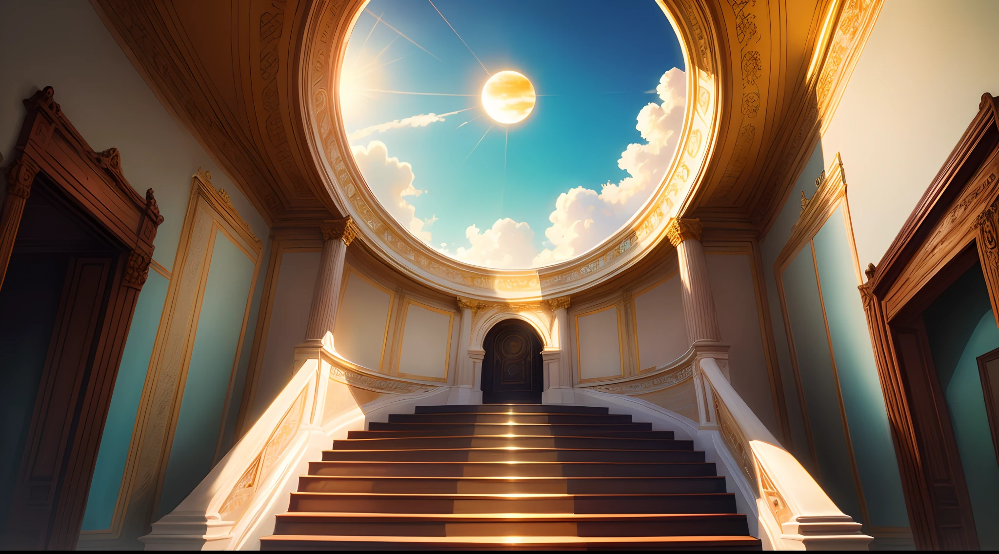 A large golden window, with two sides to the turquoise blue sky with a white sun between clouds and a transparent staircase rising to the heavens.