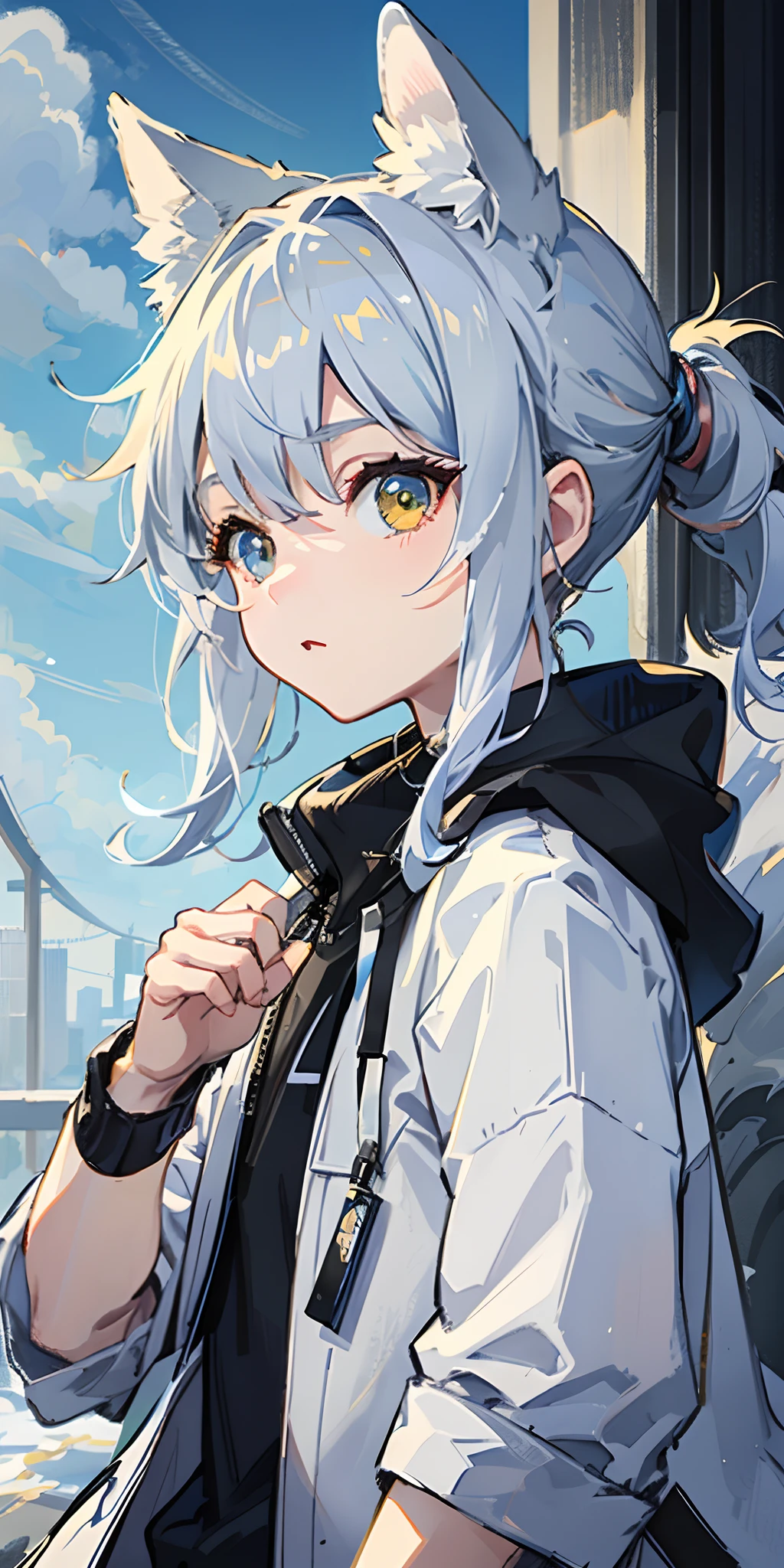 1boy，Shota，(high-definition quality，Masterpiece level)，（Heterochromatic eyes and the color of light blue hair echo each other），with clean lines，tmasterpiece, （lightblue hair）, Heterochromic eyes,(Wolf ears),(Wolf tail)，（（One tail）），（A young boy with），Lean body type，Dull hair，Brown pick dye，with fair skin，Low ponytail，sporty attire，Trench coat，short- sleeved，Short-sleeved sweatshirt，Looking at the sky，blue-sky，Don't look at the lens，Close both eyes，snowfield