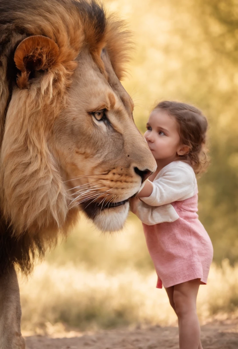 a lion and a , 6-year-old girlCinematic and realistic image with a very detailed environment