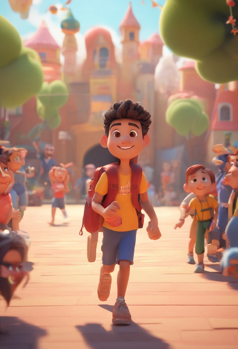 Cartoon boy with backpack and basketball in front of a crowd, 3d animation film, animation film, Pixar 3D Animation Style, pixar renderman rendering, maya 8 mil, animated film, Disney Pixar 3D Style, playing with a smile on his face and running on a court, in another photo the same boy hugs a teacher
