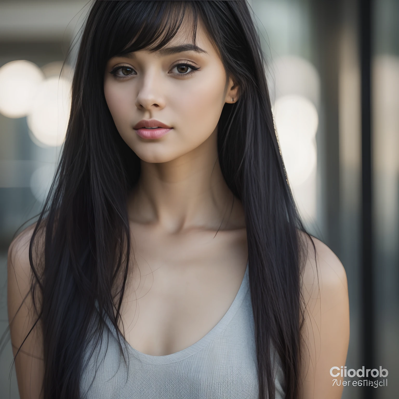 A closeup of a girl with long black hair, foto retrato suave 8k, Girl with long hair, beautiful young lady, Portrait of girl, jovem bonita, mulher atraente, Attractive girl, modelo feminino, rosto detalhado, retrato muito bonito, Colorful 8K Photo Portrait, cabelos escuros longos com franja, retrato bonito de linda mulher, Cute girl portrait, fotografia retrato 8K, rosto bonito fotorrealista, rosto muito bonito, Vika Bronova 8k