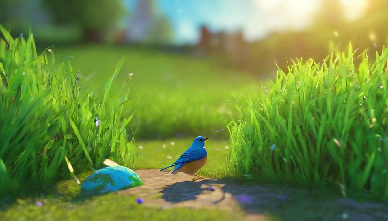green grass,Draw a small blue bird in the upper right corner,Makes you want to take a breather