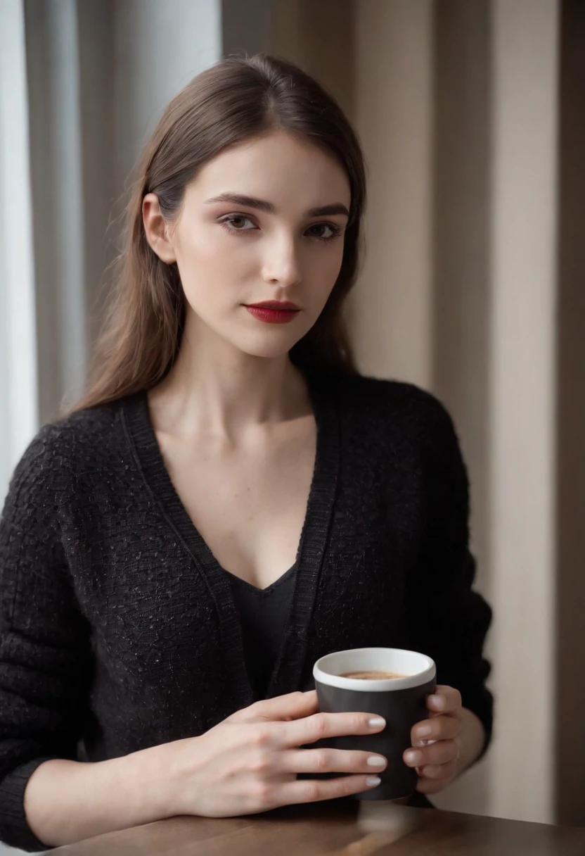Indoors, A 25-year-old woman holds a coffee cup, Cropped black knitted cardigan, arm:1, Narrow crimson skirt,Black check pattern, Black knee-length, Stand next to the office window