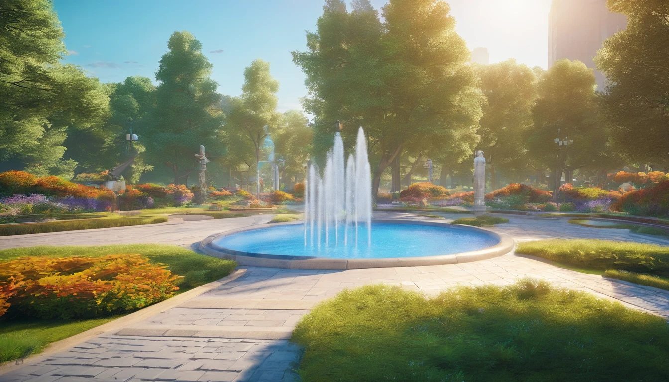 Park with fountains,Draw a small blue bird in the upper right corner,Makes you want to take a breather