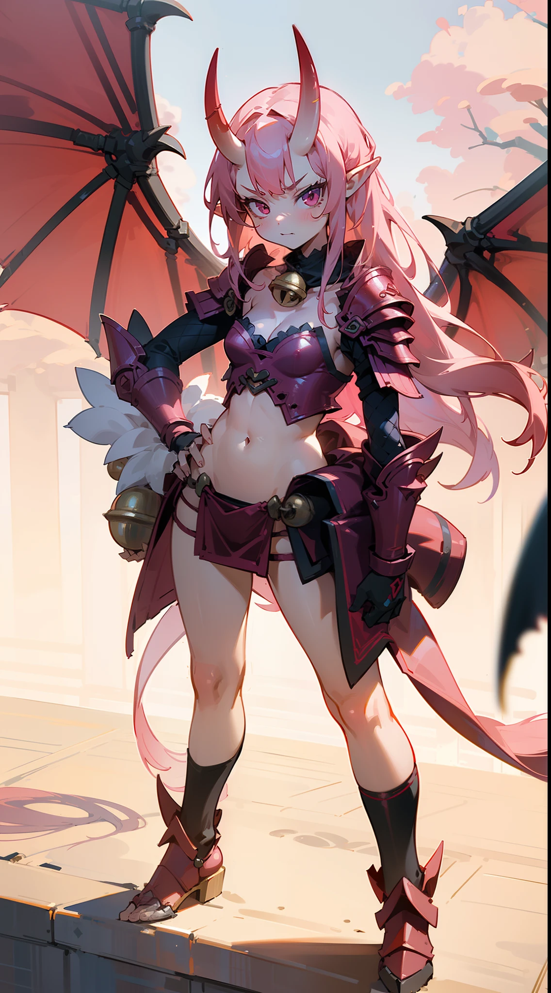 masterpiece, best quality,1girl, (small body,8years),solo, cute face, pink eyes, small breast,red oni horns, pink armor,cleavage,(bare bell),long hair, pink hair, pointy ears,dragon wings,serious,sexy,sensual(standing in a arena,sunlight),full body