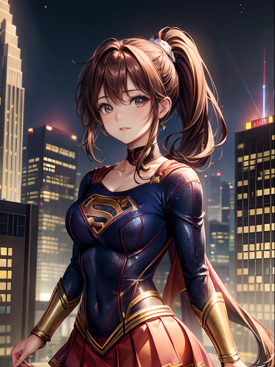 highest quality、complete limbs、Beautiful woman、solo、((brown haired woman:1.4))、((A woman with a tied hairstyle))、big breasted woman、((Woman in Supergirl leotard))、smile、skyscrapers at night、((Woman in sexy pose:1.3))