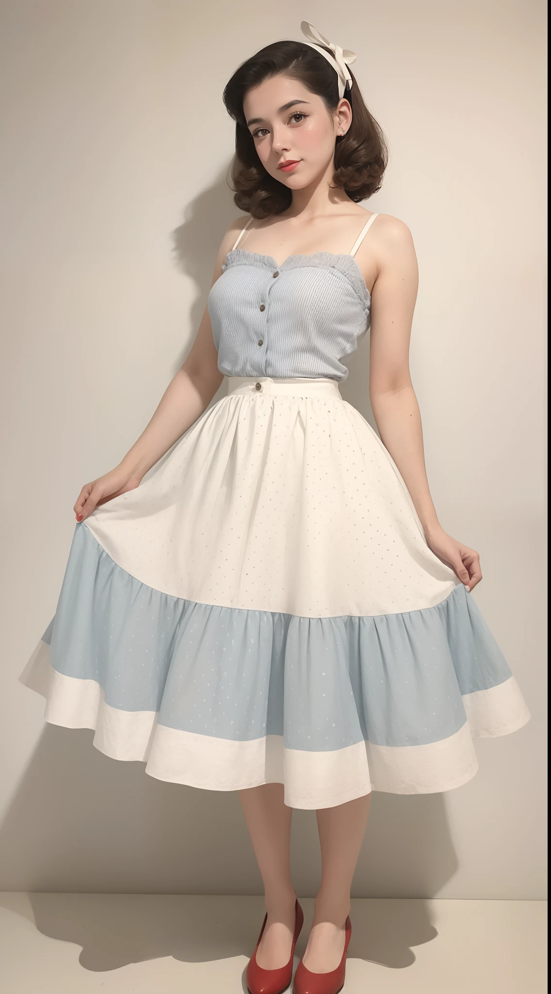 minimalist, 1950s Watercolor, Pen and Ink, a 25 yo girl in retro fashion, pin-up style, full body, depiction of rural life, light gray and light brown and red and white and blue, in the style of classical Americana, mottled, playful innocence, dotted, cutout from white background, in the style of Andrew Loomis, masterpiece art work.