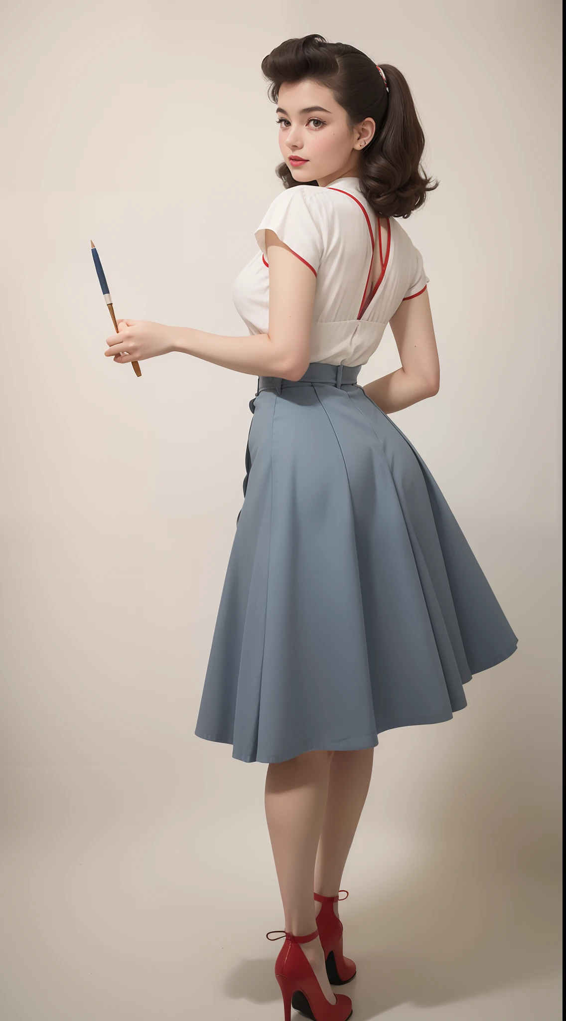 minimalist, 1950s Watercolor, Pen and Ink, a 25 yo girl in retro fashion, pin-up style, full body, depiction of rural life, light gray and light brown and red and white and blue, in the style of classical Americana, mottled, playful innocence, dotted, cutout from white background, in the style of Andrew Loomis, masterpiece art work.