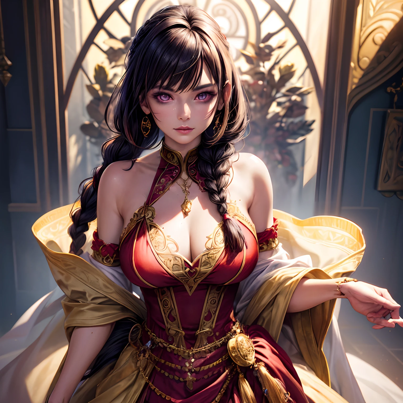 One beautiful woman, Detailed purple eyes, pony hair, braided horse dress, eye shadow, multicolor silk dress, red and yellow dress, halter collar covering the chest and without shoulders, intricately detailed outfit, full body, At home,Dynamic pause, soft volumetric lighting, Perfect facial anatomy, perfect eye anatomy, high detail, hdr, detailed face, glossy, Smooth, flawless skin, realistic details, hdr