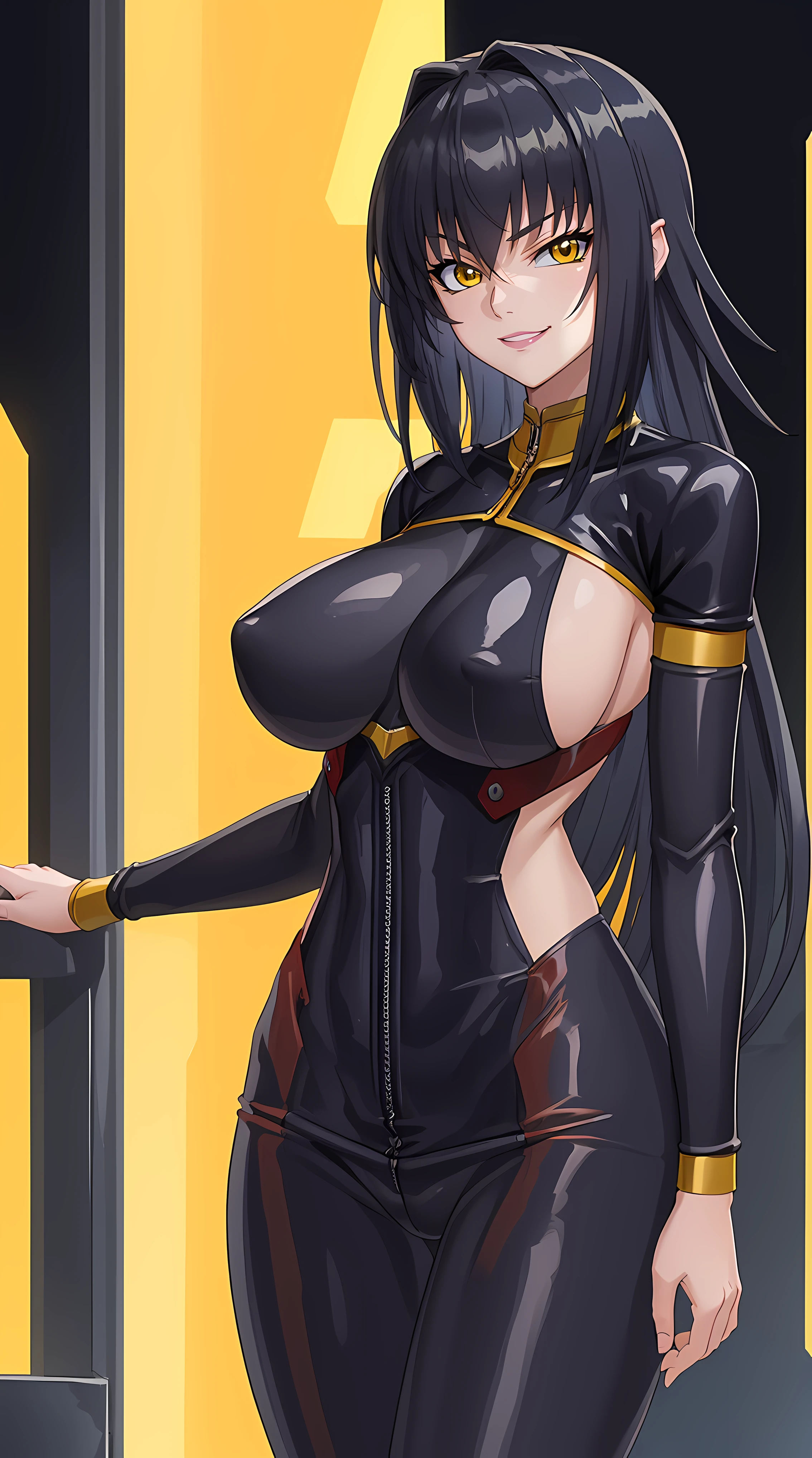 (masterpiece:1.4),(best quality:1.4), beautiful face, beautiful eyes, 1girl, solo, female mature, black hair, long hair, (yellow eyes), large breasts, black bodysuit latex, ((night vibe background)), hair intakes, exquisite eyes detail, exquisite character design details 8k HDR, professional art, landscape, (solo:1.5, 1girl:1.4, cowboy shot:1.5), milf, 35 years old girl, seductive, (looking at viewer, smug)