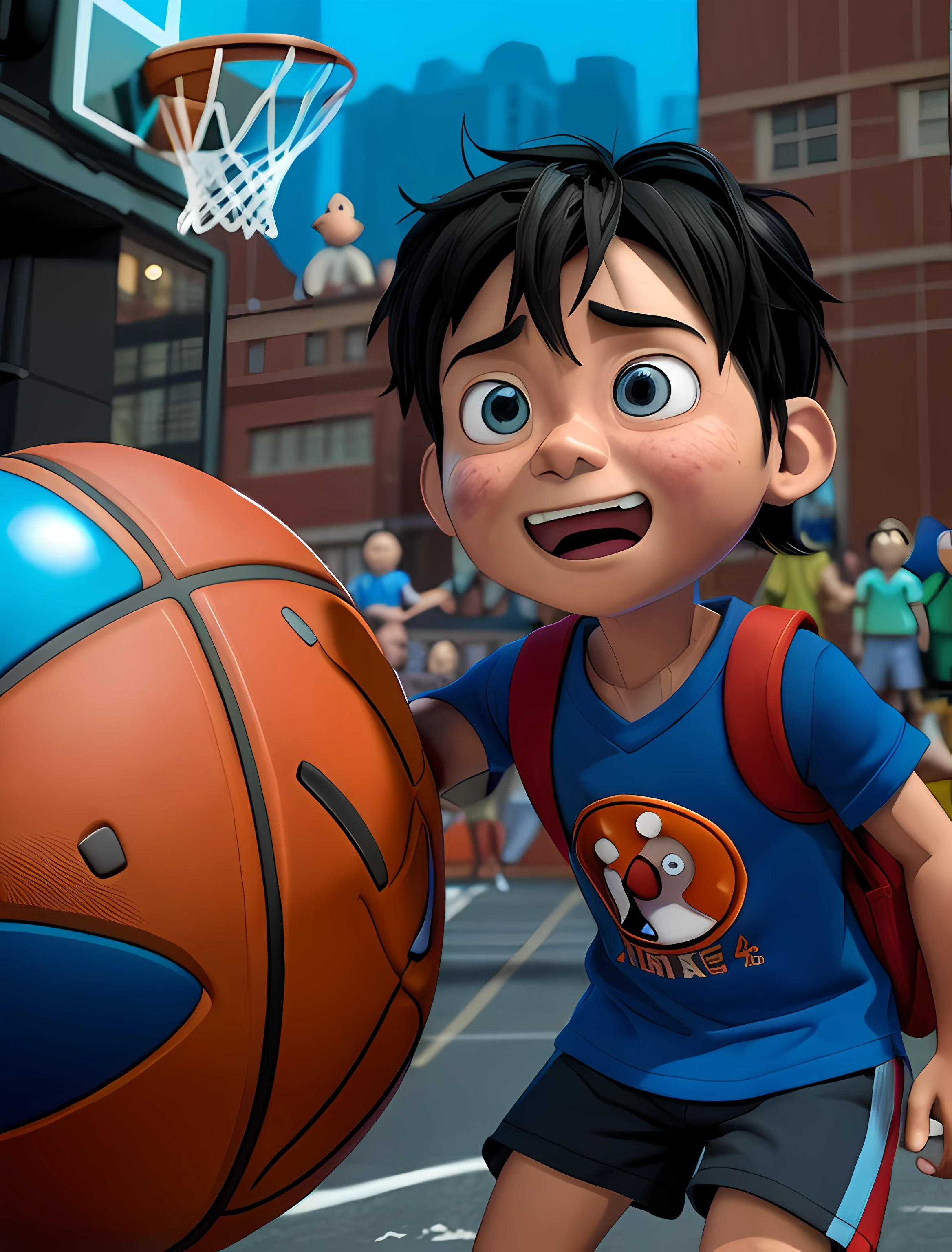 Cartoon boy with backpack and basketball in front of a crowd, 3 d animated movie, animated film, pixar 3 d animation style, pixar renderman render, maia 8 mil, animation film, Disney Pixar Estilo 3D, renderizar na pixar, pixar octane render, Arnold Maya render, animation film, Estilo dos desenhos animados da Pixar, animation movie still, Hiro, design de personagem bonito pixar pega abola e joga na sexta e fica muito feliz