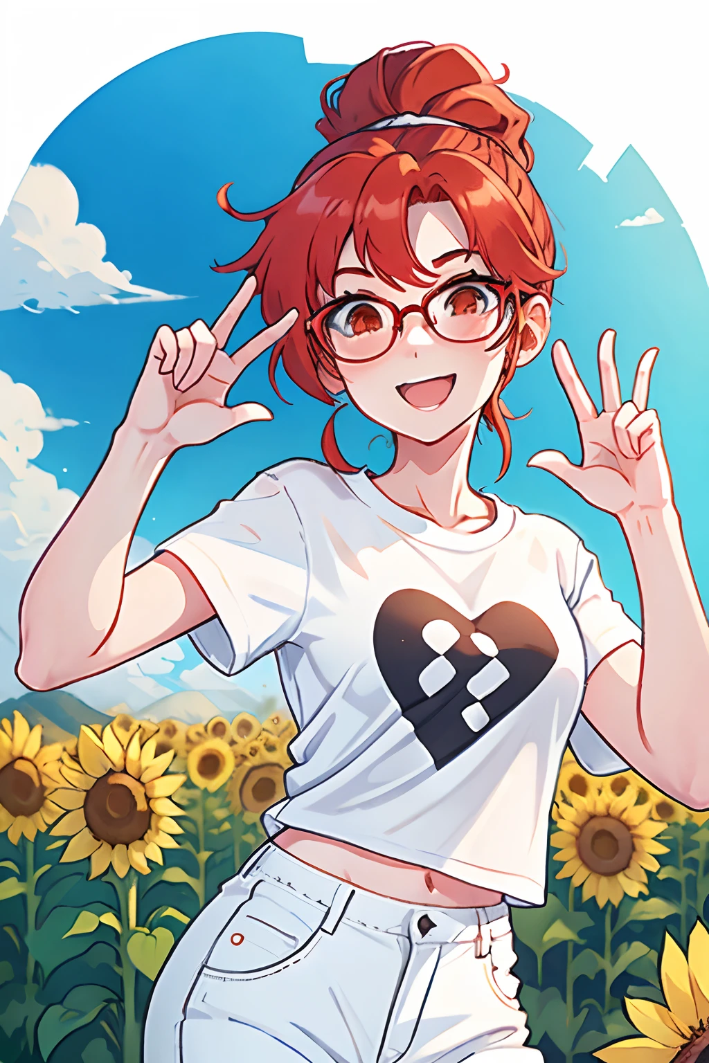 thin girl with red hair, hair tied in a ponytail, wearing glasses, with a white t-shirt and white pants, in the middle of a sunflower field on a sunny day. posing with his hands sign of love in sign language, with a happy expression, anime style