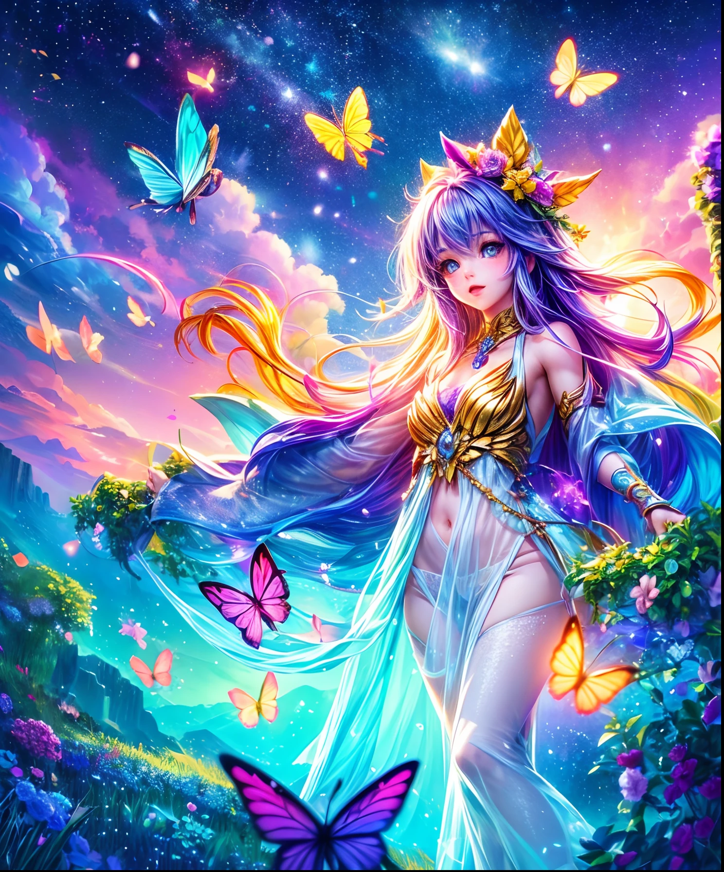 Cute girl characters、Depicts a scene of lush butterflies flying over the water, Looking up at the starry sky. Surround her with colorful nebulae and colorful forests.