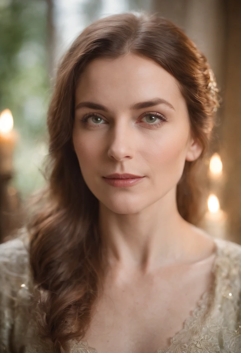 teint clair, woman about 40 years old, cheveux blancs naturels, Yeux verts distinctifs, Wearing kohl, mince et gracieux, beau, Candlelight in a medieval setting, Mise au point ultra nette, Realistic shooting, Medieval women's clothing, Tetradic colors