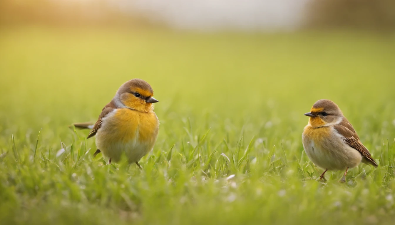 green grass,Little birds chatting,Friendly atmosphere