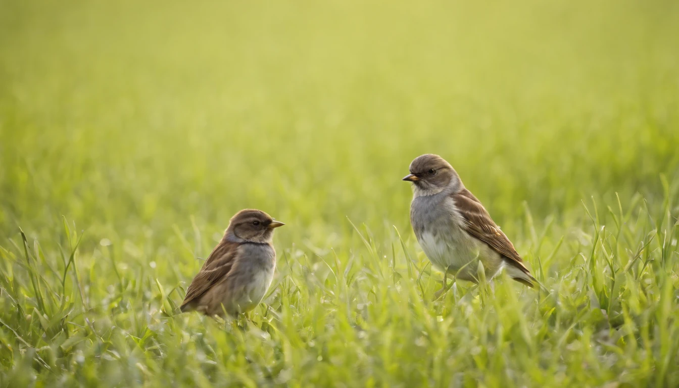 green grass,Little birds chatting,Friendly atmosphere