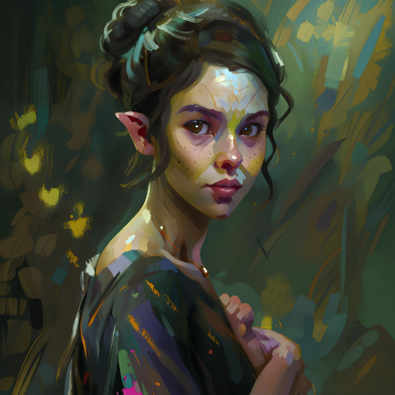 masterpiece, best quality, hyper detailed painting of a gorgeous elf woman, 1girl, ekaldwin, closeup, brown eyes, freckes on skin, black hair stylized in a bun:1.5, elegance, fair textured skin:1.5, long black dress:1.5, portrait, painting, traditional media,