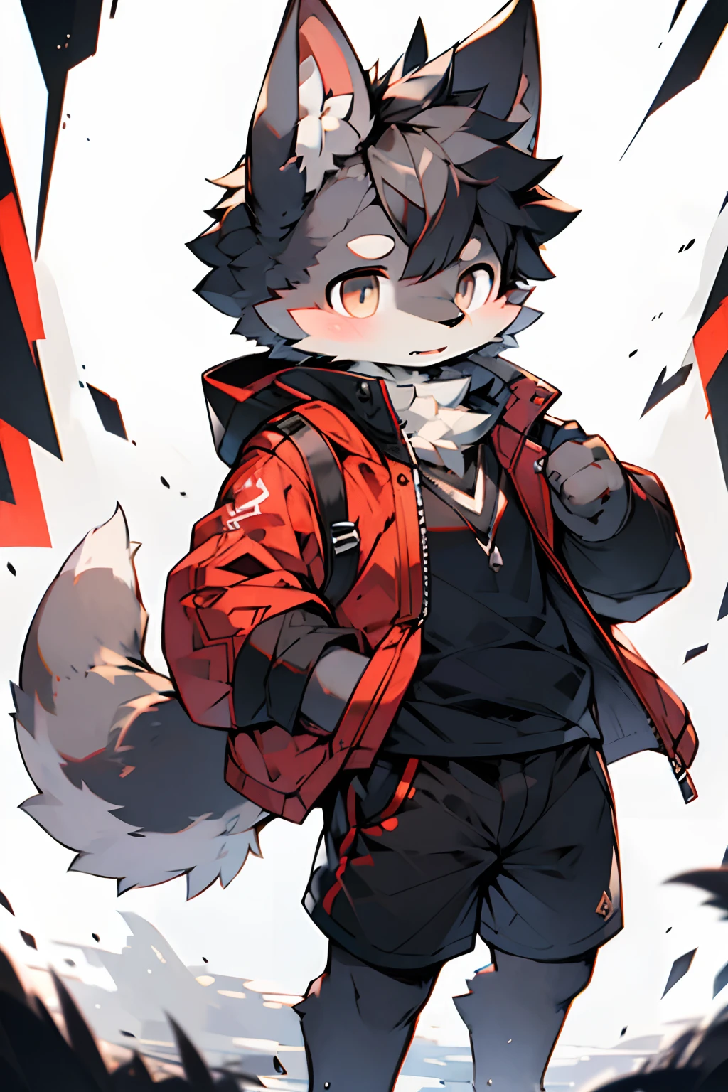 London, England, twentieth century,gray wolf,Long thick black hair,run,Light gray,Black shorts,Red coat,Black shirt,dark gray eyes,Put your hands in your shirt pocket,Handsome(A masterpiece)(high qulity)(Clear structure)(Clear lines)(Background of extreme detail)(extremelydetailedcharacter)