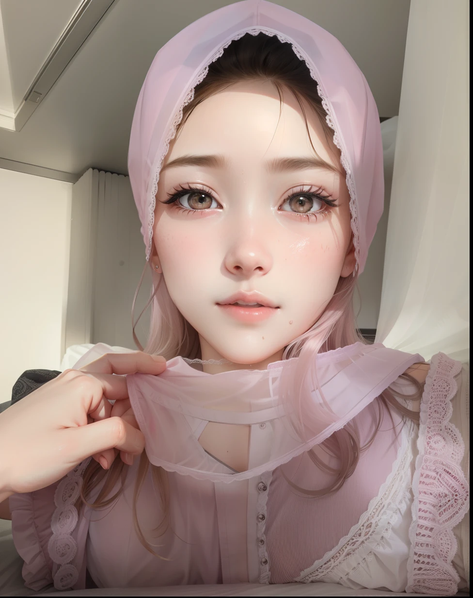 Sleeping girl, lie down, 18 years old, realistic, mid-sized hair, wearing a transparent nightgown with pink panties, ((hand in panties)) open legs, satisfied and reliafed expression, brown hair, sweating, Pink bed theme with a few cute stuffed animals on the bed, a wet self-pleasure-toy on the bedside table, wet hair, nsfw, wet panties