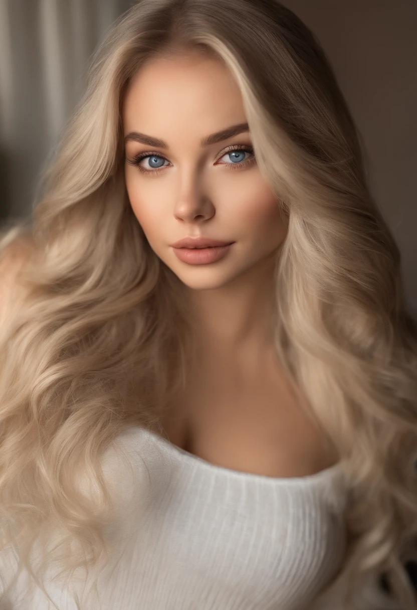 arafed woman fully , sexy girl with blue eyes, ultra realistic, meticulously detailed, portrait sophie mudd, blonde hair and large eyes, selfie of a young woman, bedroom eyes, violet myers, without makeup, natural makeup, looking directly at the camera, face with artgram, subtle makeup, stunning full body shot kneeling on bed, in bedroom, medium to large size bust