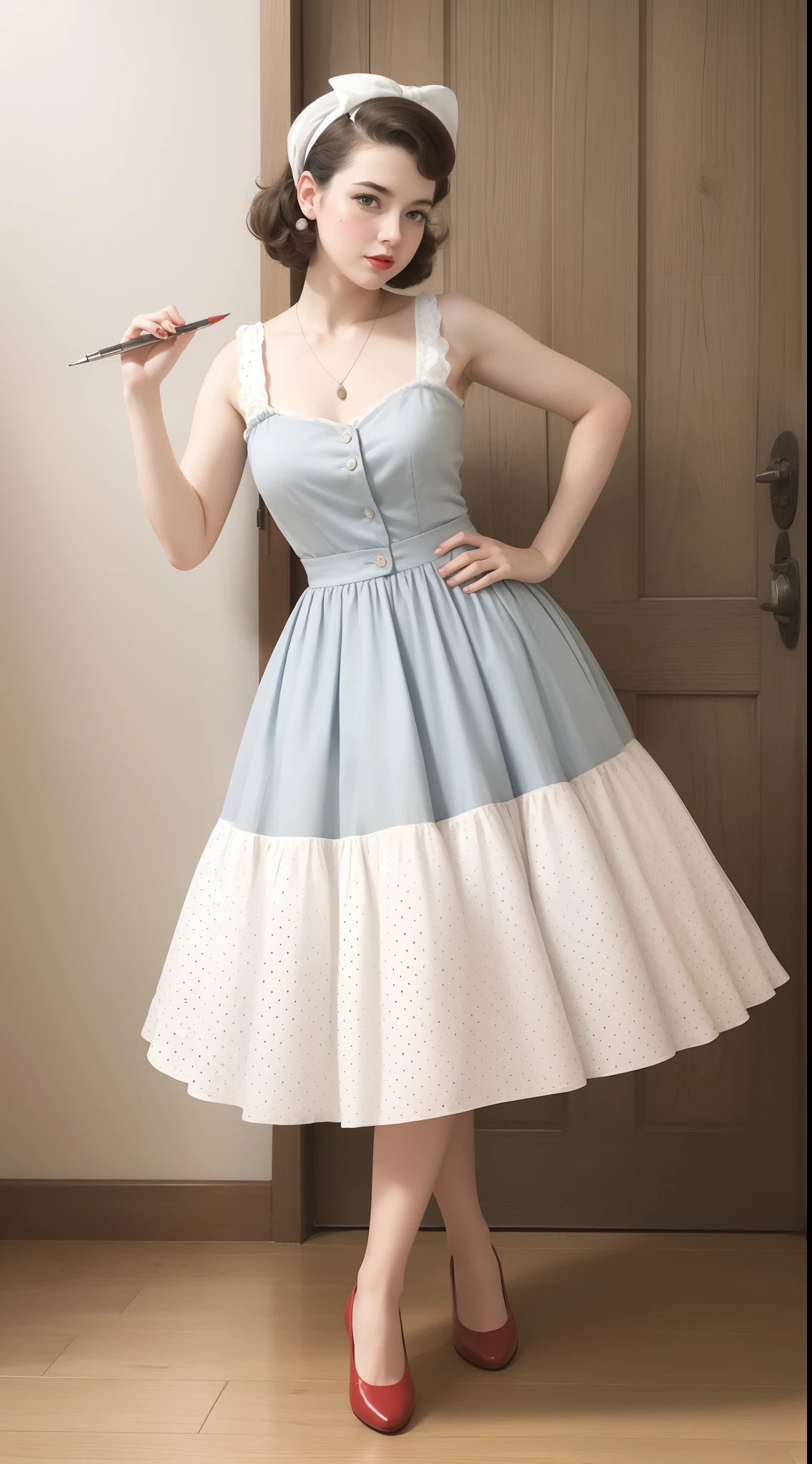 minimalist, 1950s Watercolor, Pen and Ink, a 25 yo girl in retro fashion, pin-up style, full body, depiction of rural life, light gray and light brown and red and white and blue, in the style of classical Americana, mottled, playful innocence, white dotted, cutout from white background, in the style of Andrew Loomis, masterpiece art work.