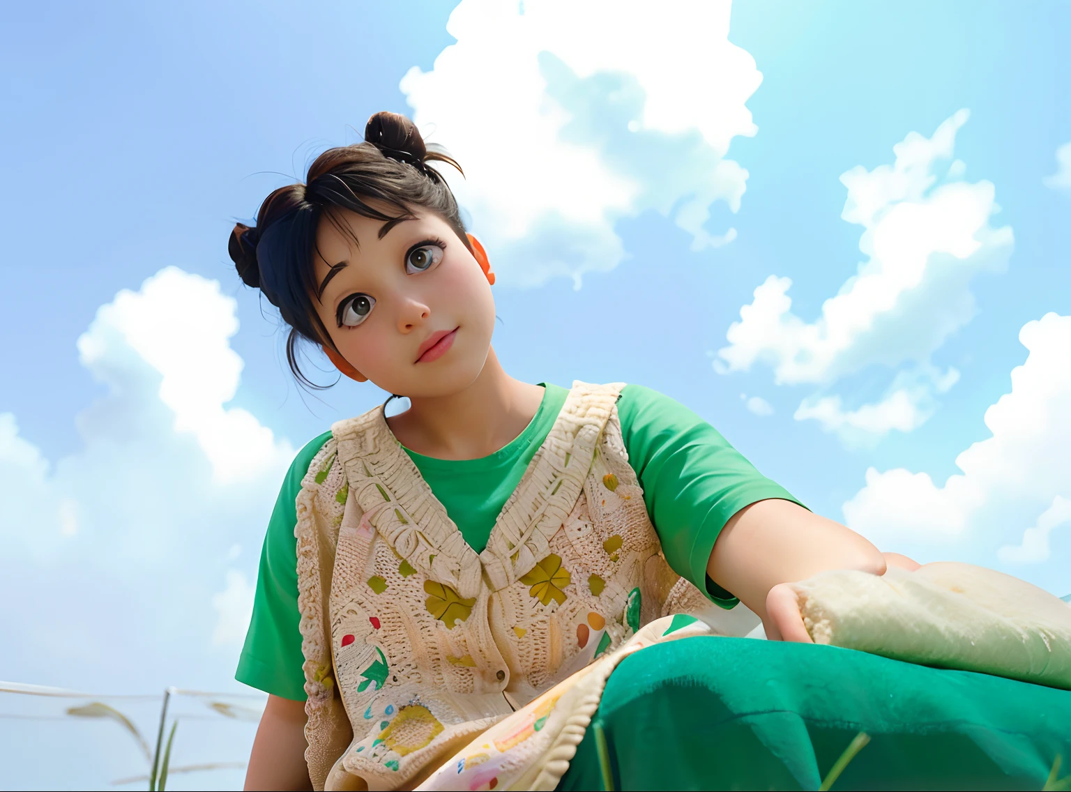 there is a young girl sitting , there is a sky above her, with lovely look, candid picture,